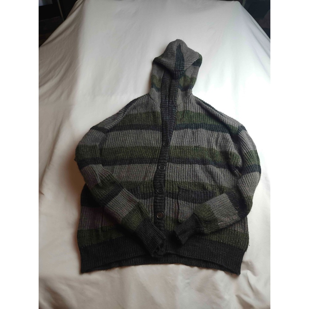 Social Collision Cardigan Sweater Womens Small Gray Green Striped Knit Hoodie